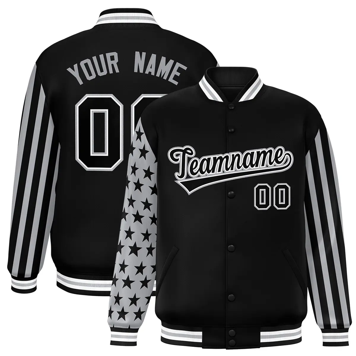 Black American Flag Varsity Full-Snap Raglan Letterman Bomber Jacket