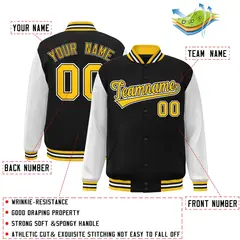 Black and Gold Raglan Varsity Full-Snap Letterman Jacket 2