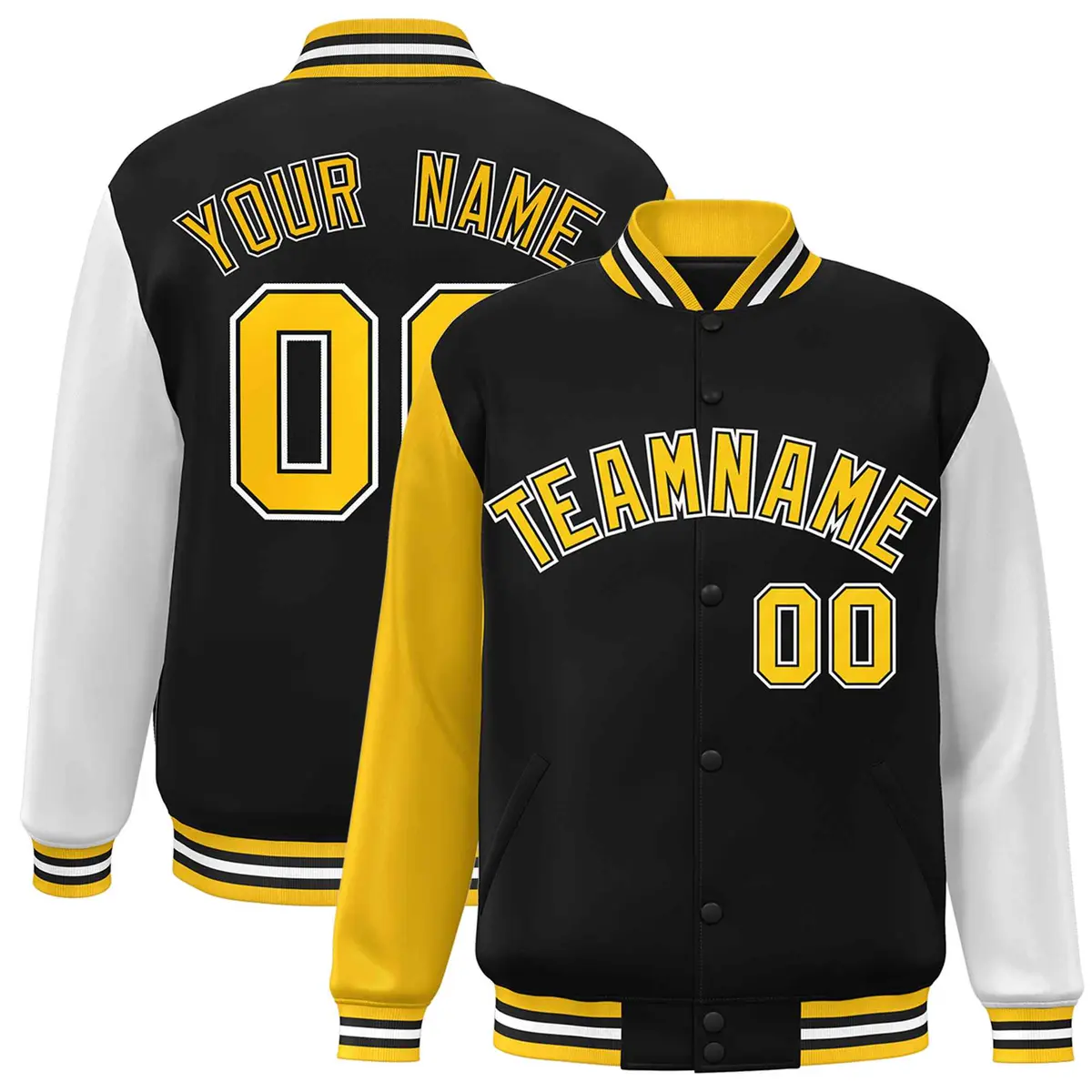 Black and Gold Raglan Varsity Full-Snap Letterman Jacket
