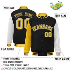 Black and Gold Raglan Varsity Full-Snap Letterman Jacket 2