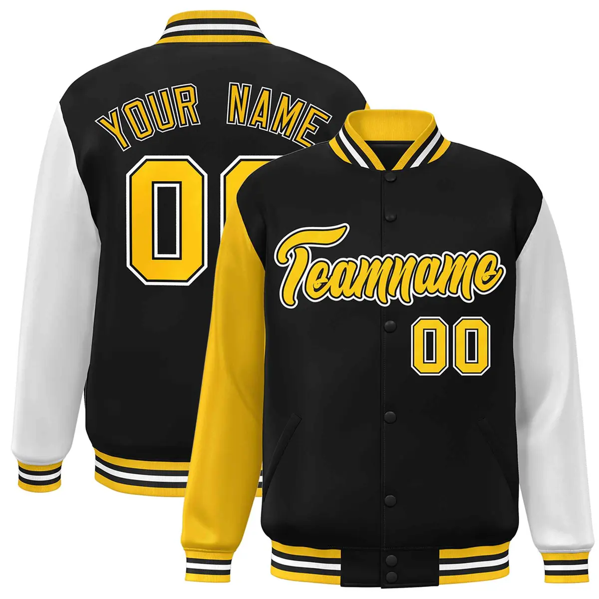Black and Gold Raglan Varsity Full-Snap Letterman Jacket