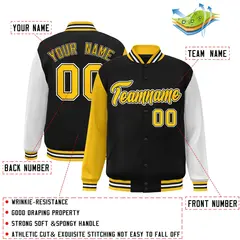 Black and Gold Raglan Varsity Full-Snap Letterman Jacket 2