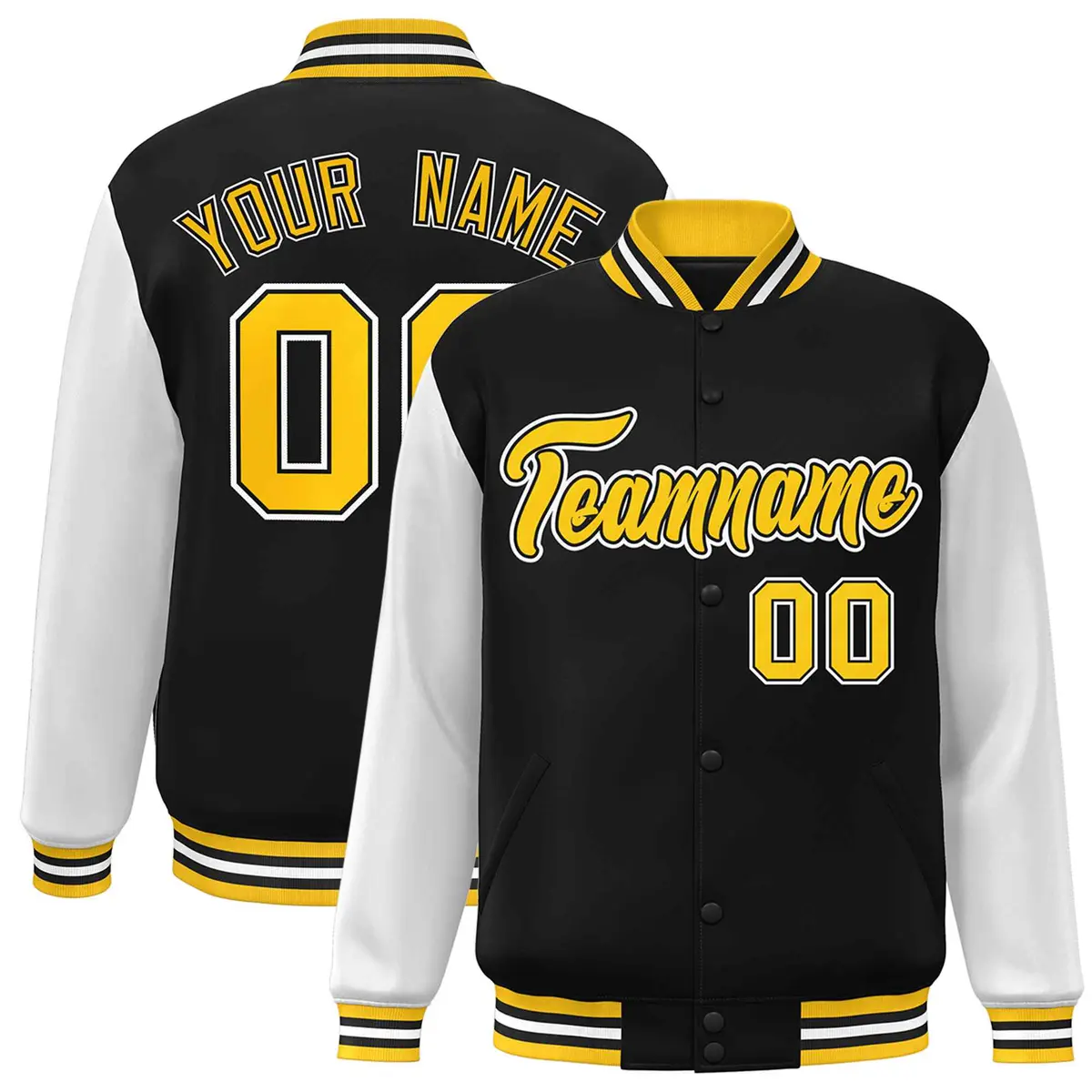 Black and Gold Raglan Varsity Full-Snap Letterman Jacket