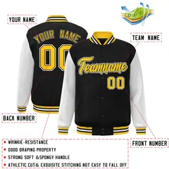 Black and Gold Raglan Varsity Full-Snap Letterman Jacket 2