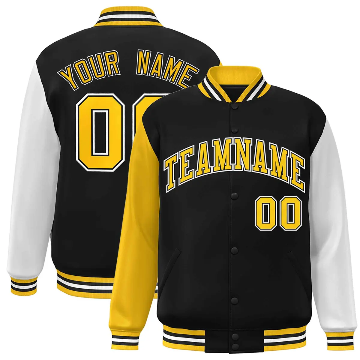 Black and Gold Raglan Varsity Full-Snap Letterman Jacket