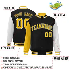Black and Gold Raglan Varsity Full-Snap Letterman Jacket 2