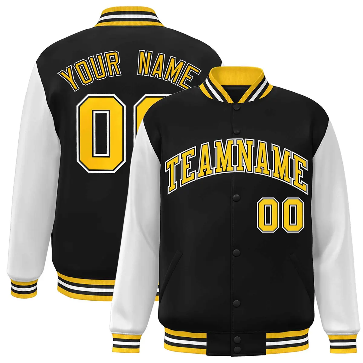 Black and Gold Raglan Varsity Full-Snap Letterman Jacket