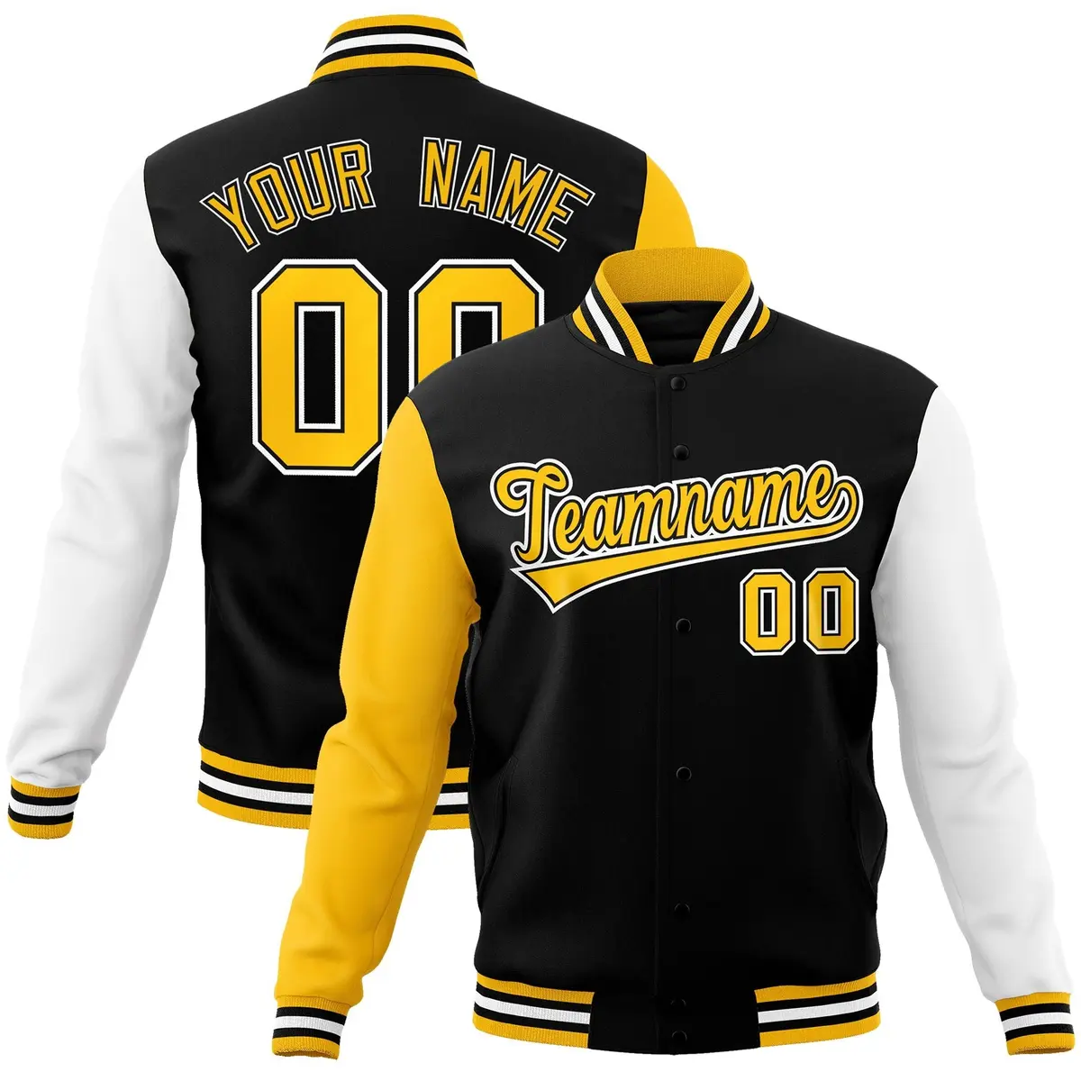 Black and Gold Raglan Varsity Full-Snap Letterman Jacket