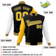 Black and Gold Raglan Varsity Full-Snap Letterman Jacket 4