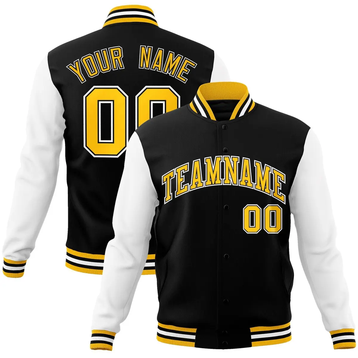 Black and Gold Raglan Varsity Full-Snap Letterman Jacket