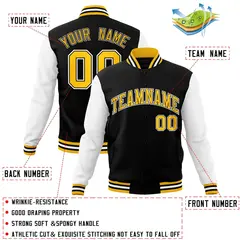 Black and Gold Raglan Varsity Full-Snap Letterman Jacket 4