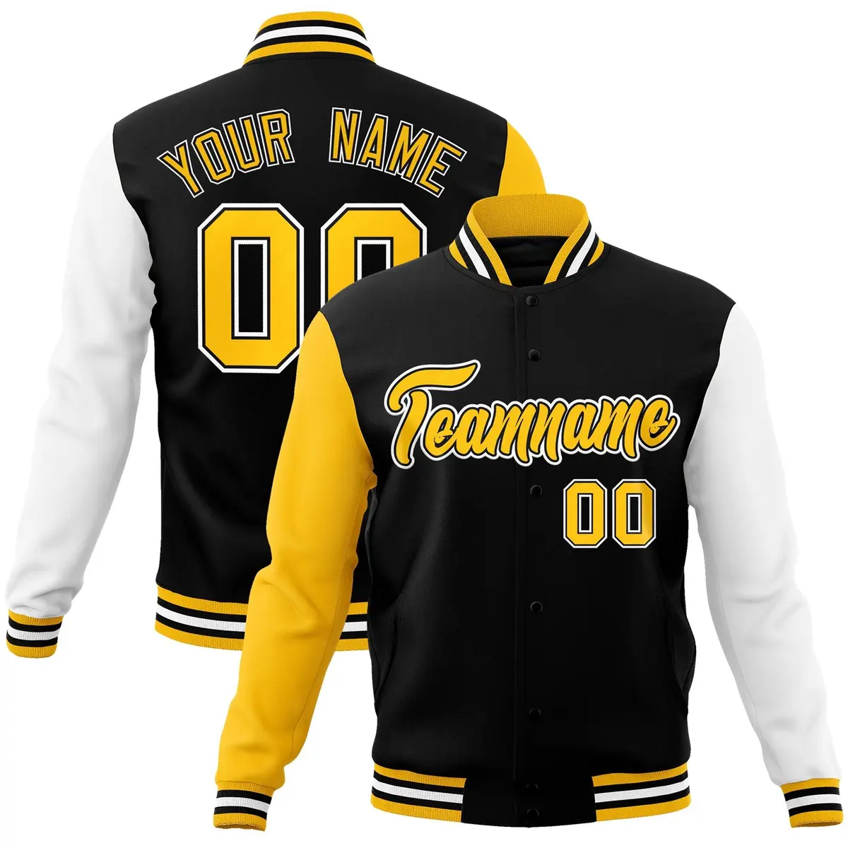 Black and Gold Raglan Varsity Full-Snap Letterman Jacket