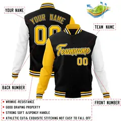 Black and Gold Raglan Varsity Full-Snap Letterman Jacket 4