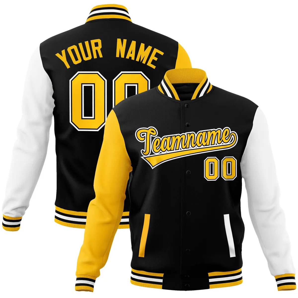 Black and Gold Raglan Varsity Full-Snap Letterman Jacket