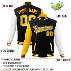 Black and Gold Raglan Varsity Full-Snap Letterman Jacket 4