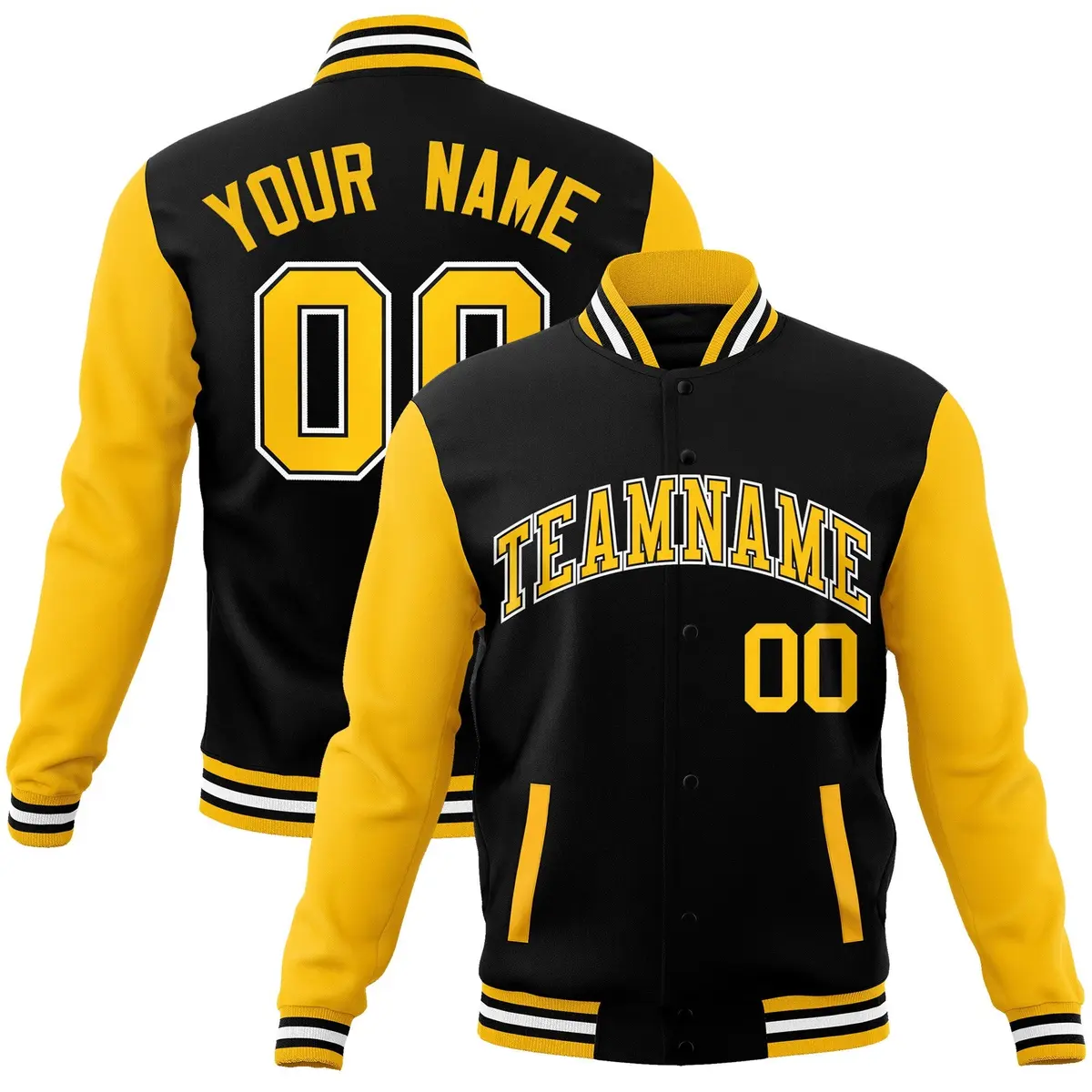 Black and Gold Raglan Varsity Full-Snap Letterman Jacket