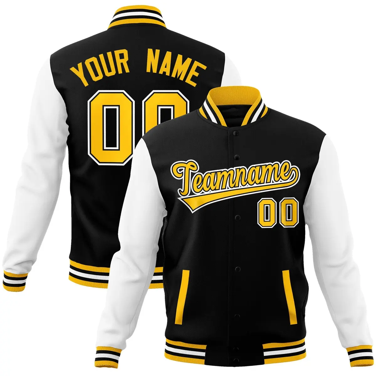 Black and Gold Raglan Varsity Full-Snap Letterman Jacket