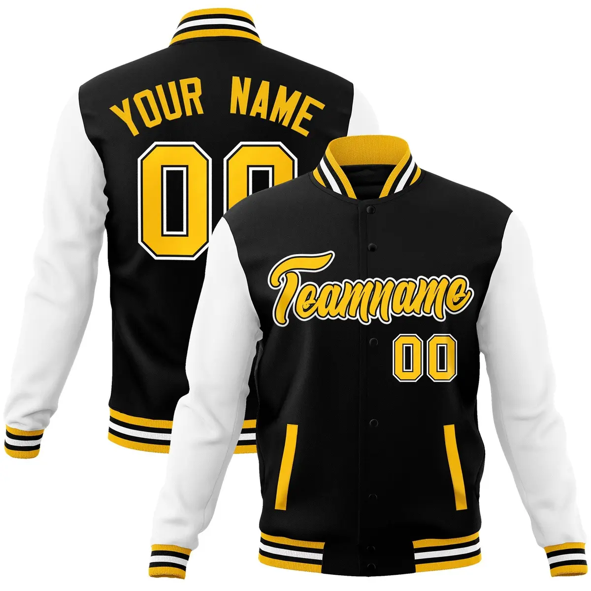 Black and Gold Raglan Varsity Full-Snap Letterman Jacket
