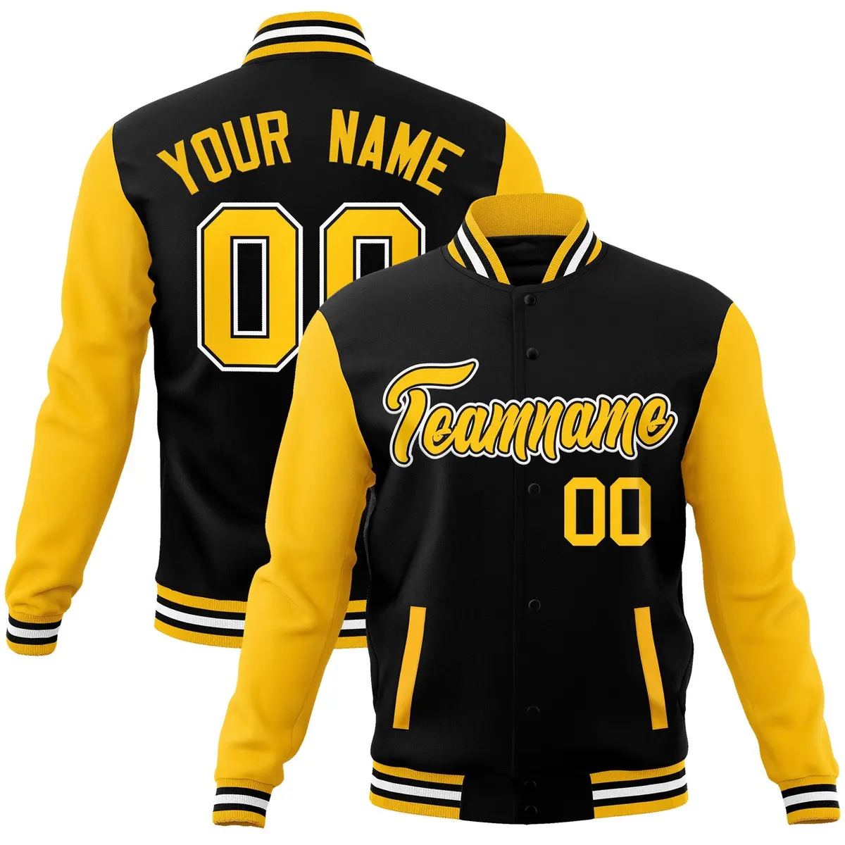 Black and Gold Raglan Varsity Full-Snap Letterman Jacket