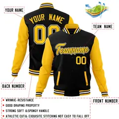Black and Gold Raglan Varsity Full-Snap Letterman Jacket 4