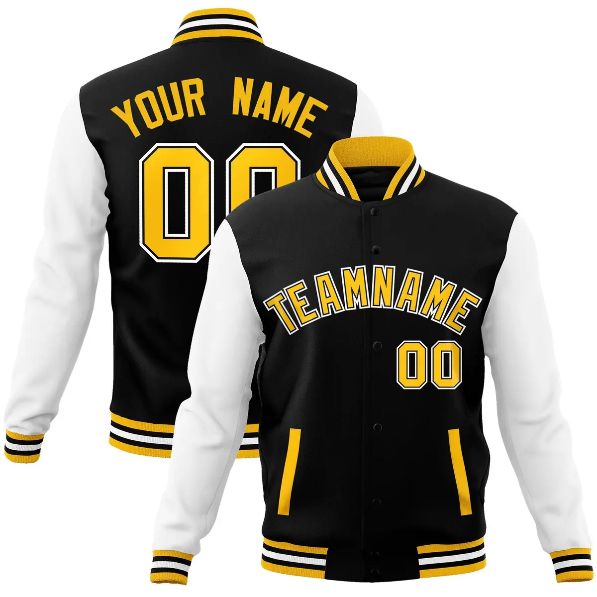 Black and Gold Raglan Varsity Full-Snap Letterman Jacket