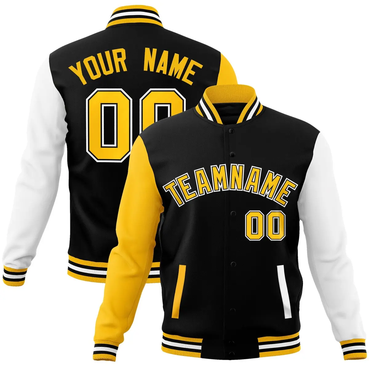 Black and Gold Raglan Varsity Full-Snap Letterman Jacket