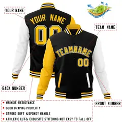 Black and Gold Raglan Varsity Full-Snap Letterman Jacket 4