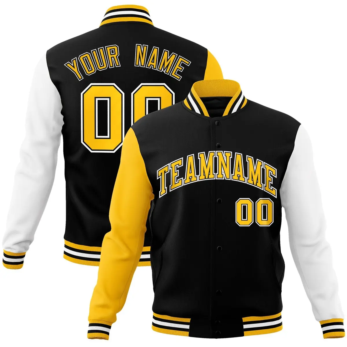 Black and Gold Raglan Varsity Full-Snap Letterman Jacket