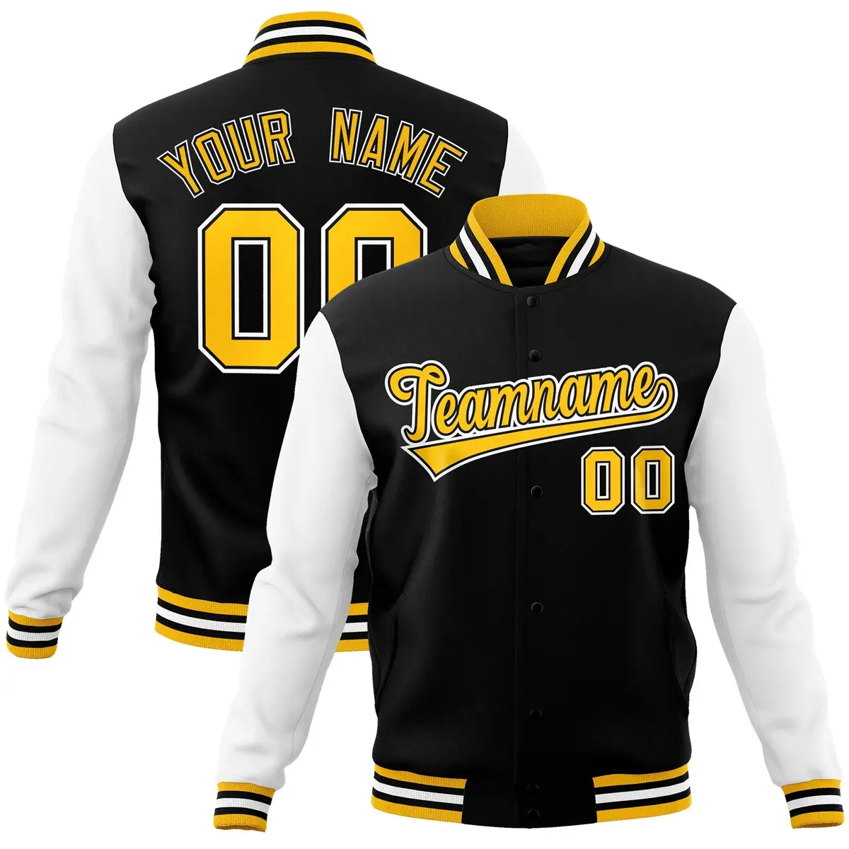 Black and Gold Raglan Varsity Full-Snap Letterman Jacket