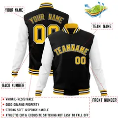Black and Gold Raglan Varsity Full-Snap Letterman Jacket 4