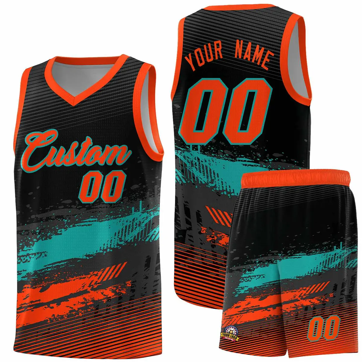 Black Aqua and Orange Graffiti Pattern Basketball Jersey