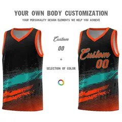 Black Aqua and Orange Graffiti Pattern Basketball Jersey 3