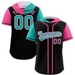 Black Aqua and Pink Split Raglan Baseball Hoodie Jersey