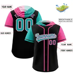 Black Aqua and Pink Split Raglan Baseball Hoodie Jersey 2