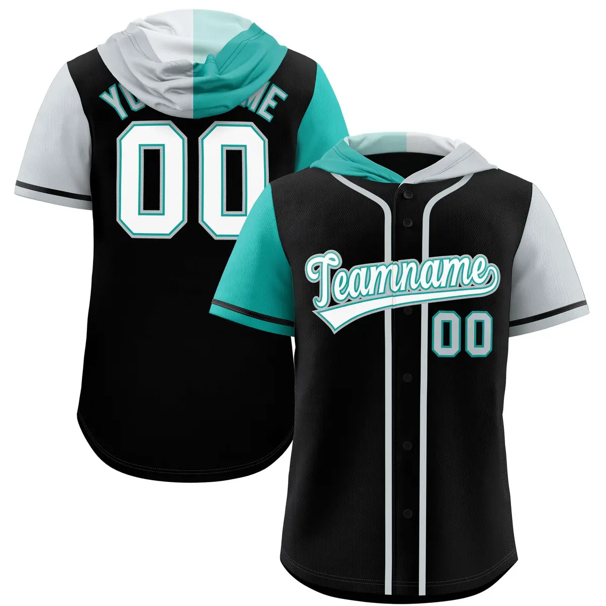 Black Aqua and Silver Split Raglan Baseball Hoodie Jersey