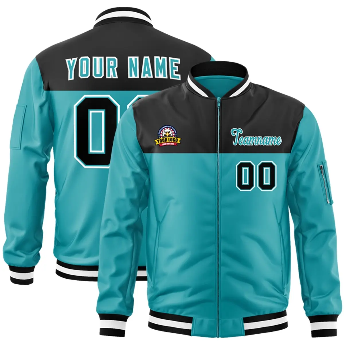 Black Aqua Color Block Letterman Varsity Full-Zip Jacket
