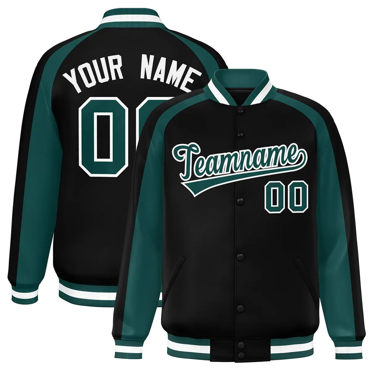 Black Aqua Color Block Raglan Varsity Letterman Jacket