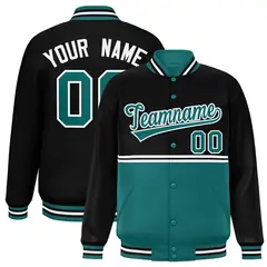 Black Aqua Color Block Varsity Full-Snap Letterman Jacket 1