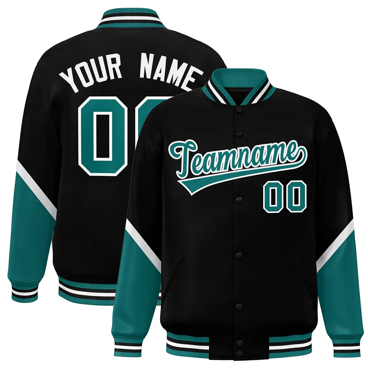 Black Aqua Color Block Varsity Letterman Baseball Jacket
