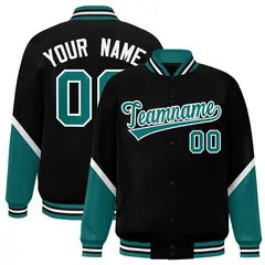 Black Aqua Color Block Varsity Letterman Baseball Jacket 1