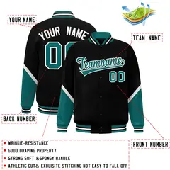 Black Aqua Color Block Varsity Letterman Baseball Jacket 2