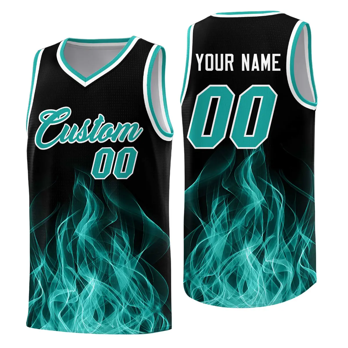 Black Aqua Flame Graffiti Quick-Drying Basketball Jersey