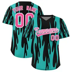 Black Aqua Flame Pattern Authentic Pullover Baseball Jersey 1
