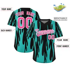 Black Aqua Flame Pattern Authentic Pullover Baseball Jersey 2