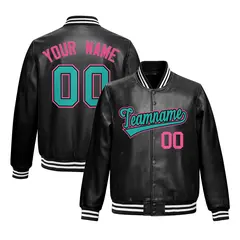 Black Aqua Full-Snap Faux Leather Varsity Letterman Jacket 1