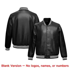 Black Aqua Full-Snap Faux Leather Varsity Letterman Jacket 2