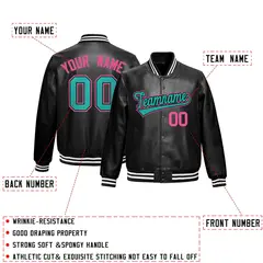Black Aqua Full-Snap Faux Leather Varsity Letterman Jacket 3