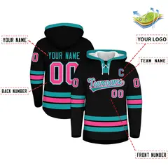 Black Aqua Lace-Up Neck Hockey Hoodie Classic Style 2