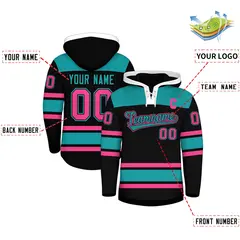 Black Aqua Lace-Up Neck Raglan Hockey Hoodie Jersey 2