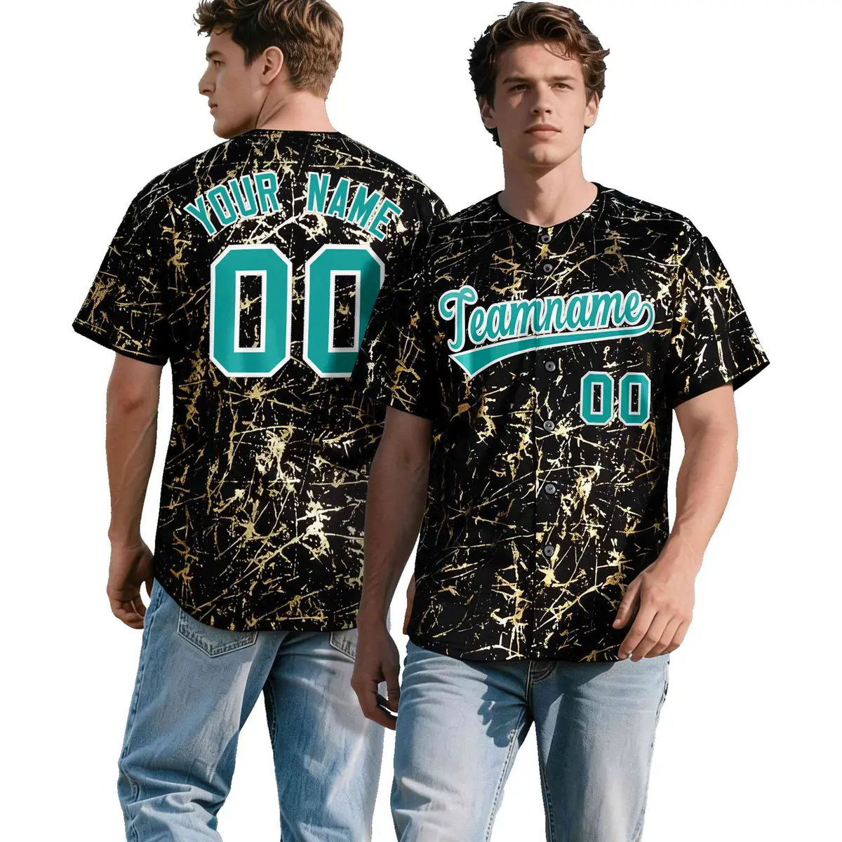 Black Aqua Metallic Gold Splatter Baseball Jersey